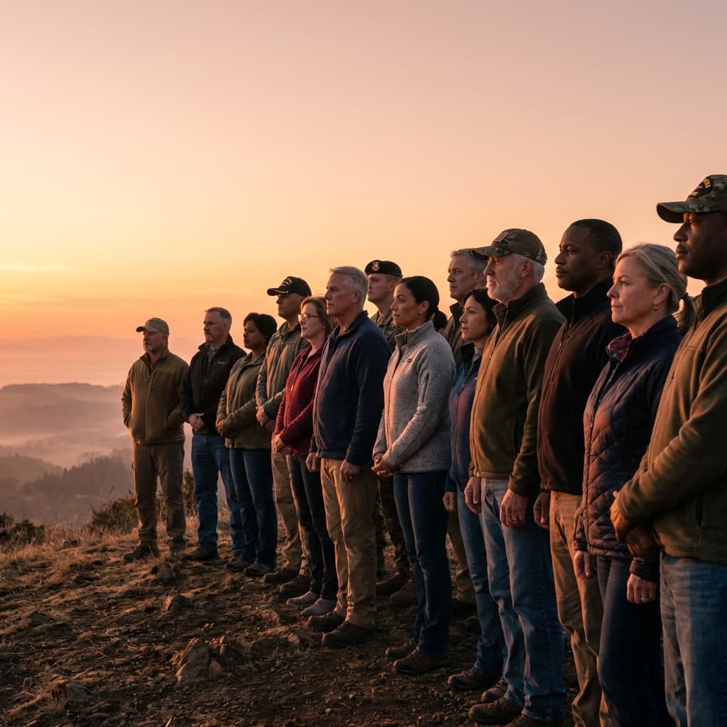 Veterans standing together at sunset